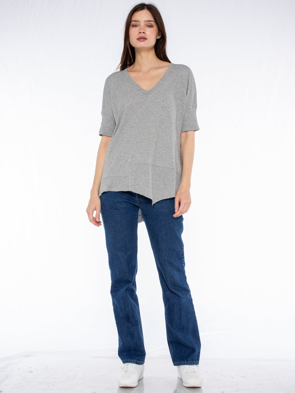 V-Neck Short Sleeve Tee w/ Rib Slanted Hem