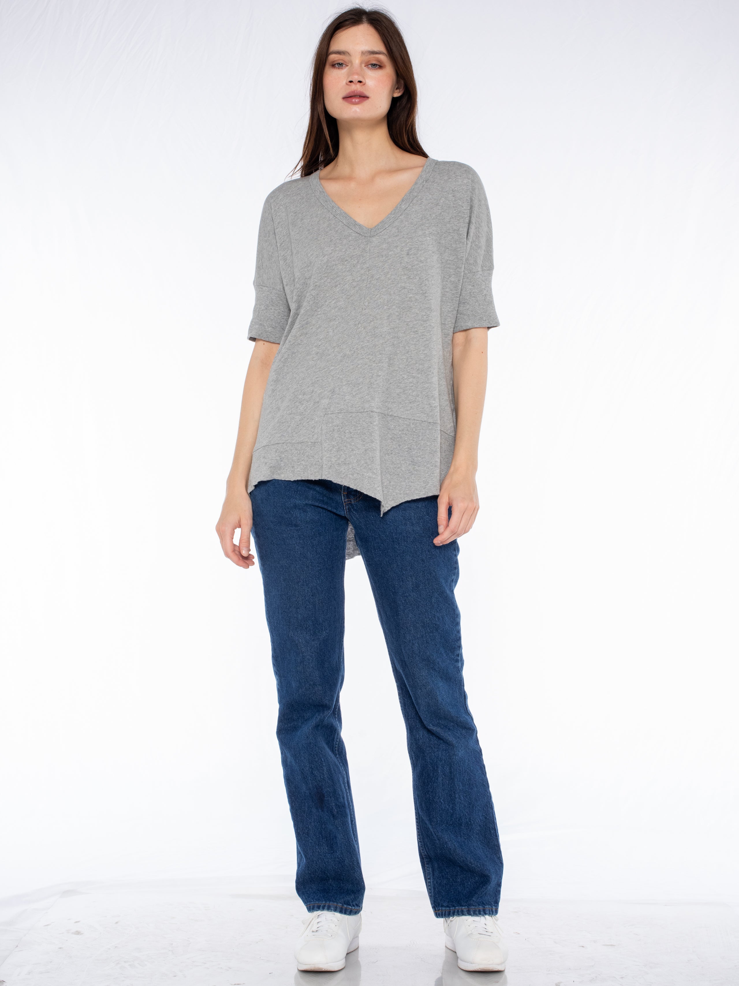 V-Neck Short Sleeve Tee w/ Rib Slanted Hem