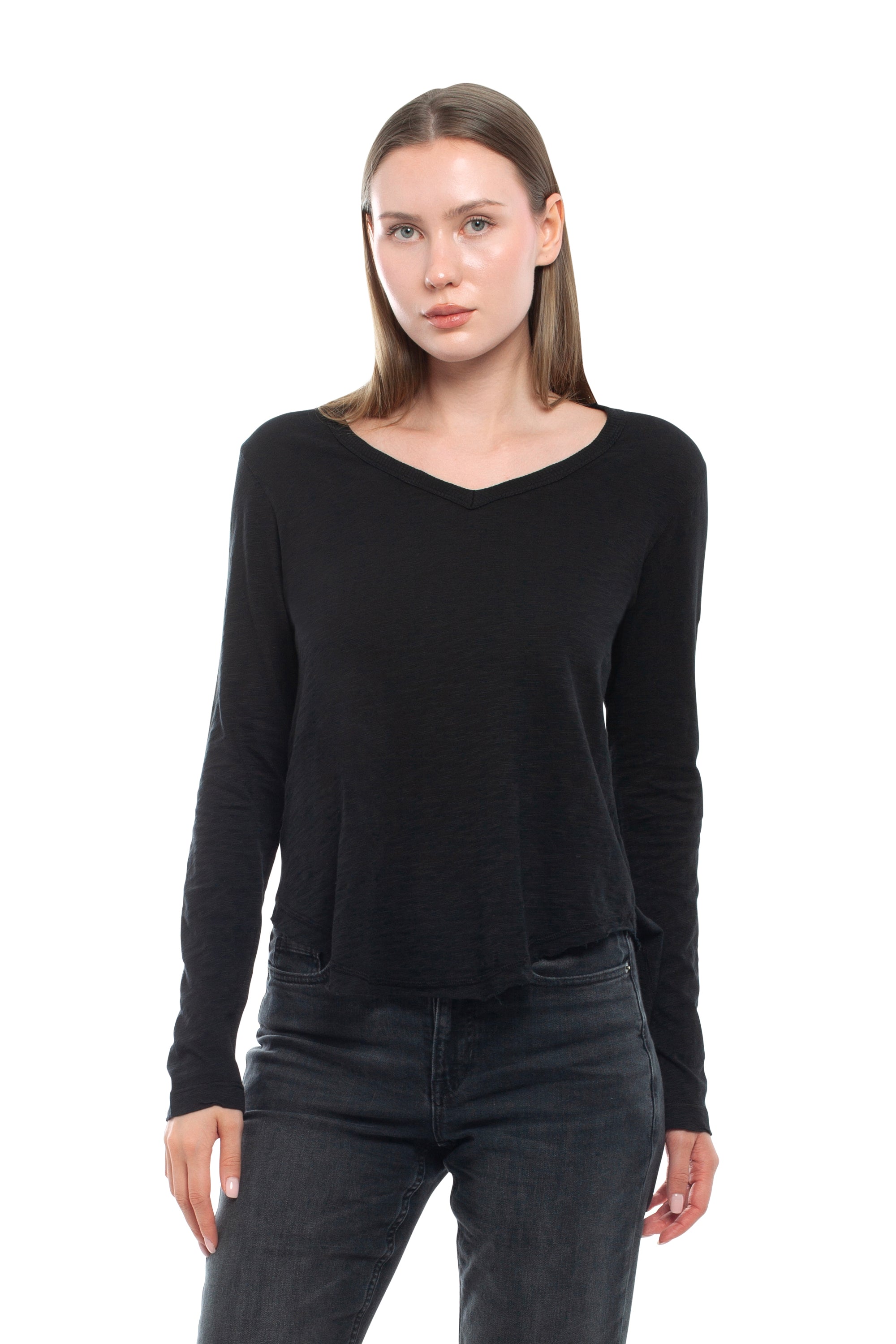 Long Sleeve V-Neck w/ Raw Hem Shirttail