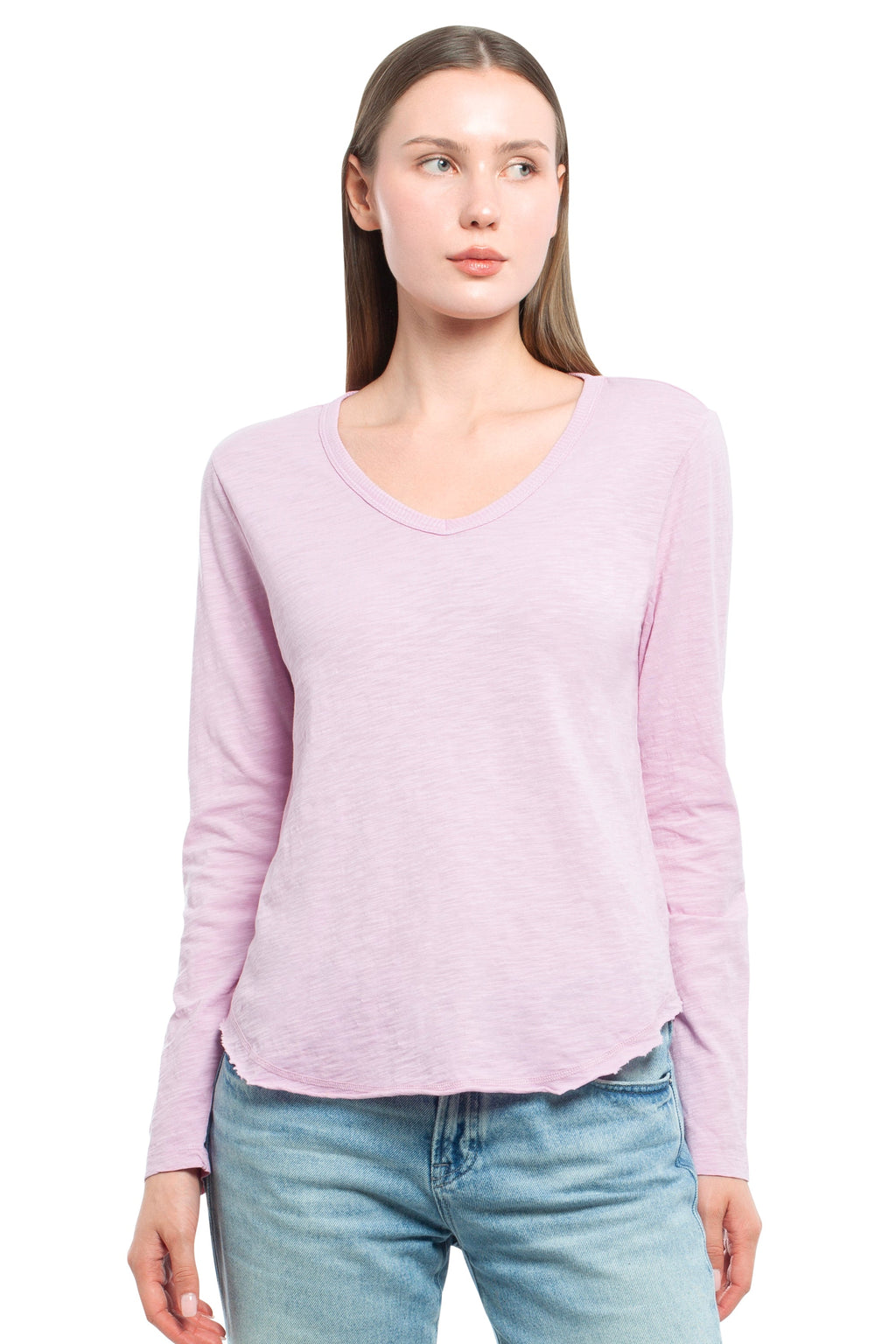 Long Sleeve V-Neck w/ Raw Hem Shirttail