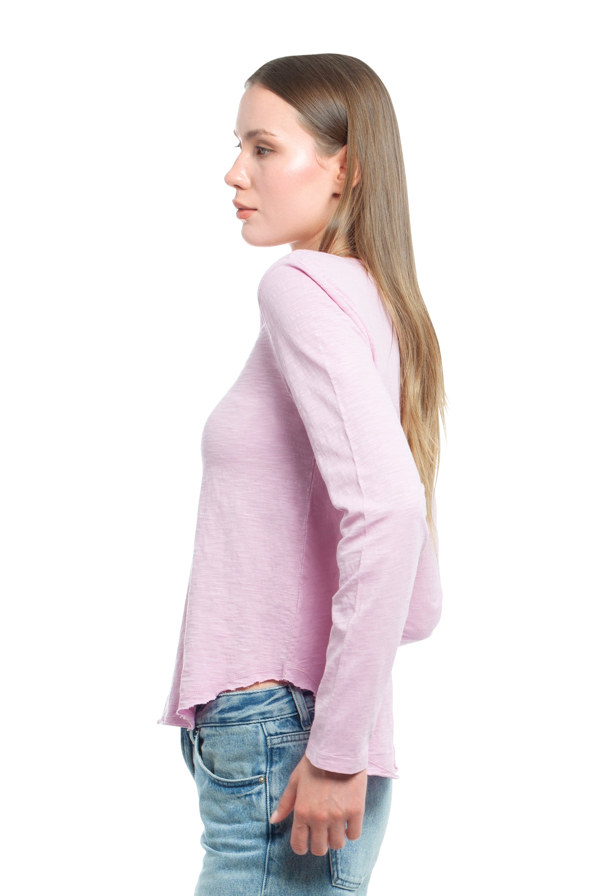 Long Sleeve V-Neck w/ Raw Hem Shirttail