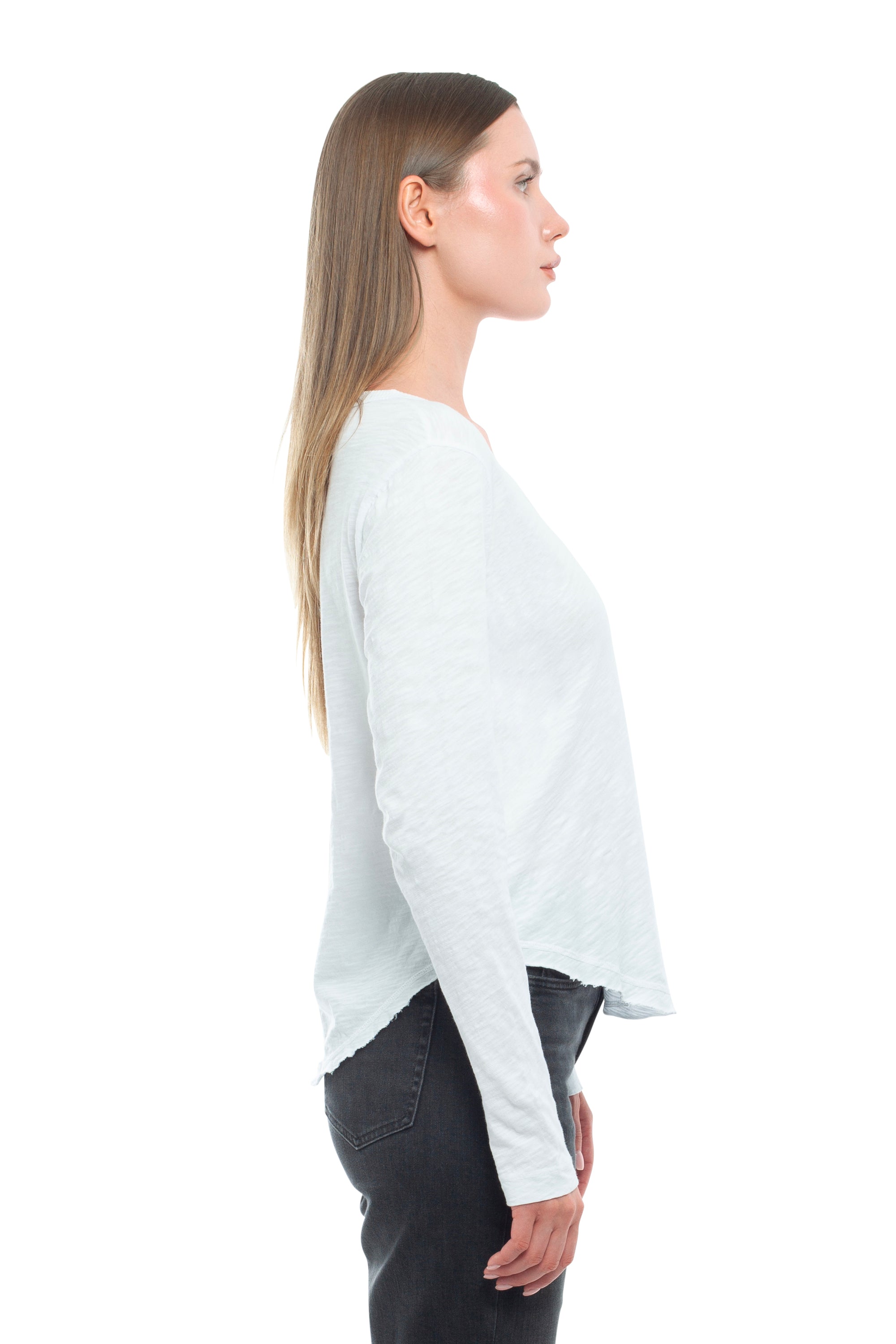 Long Sleeve V-Neck w/ Raw Hem Shirttail