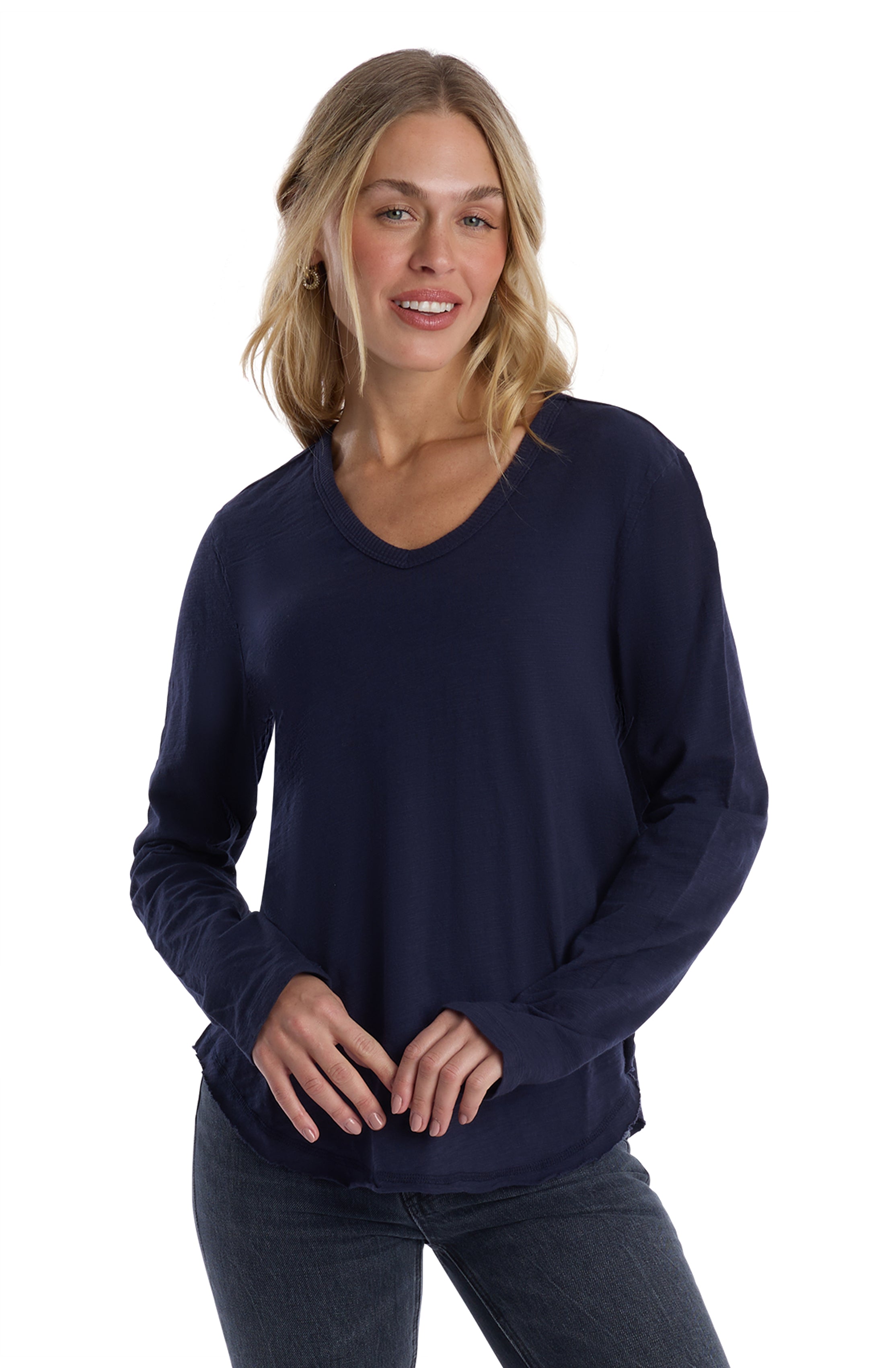 Long Sleeve V-Neck w/ Raw Hem Shirttail