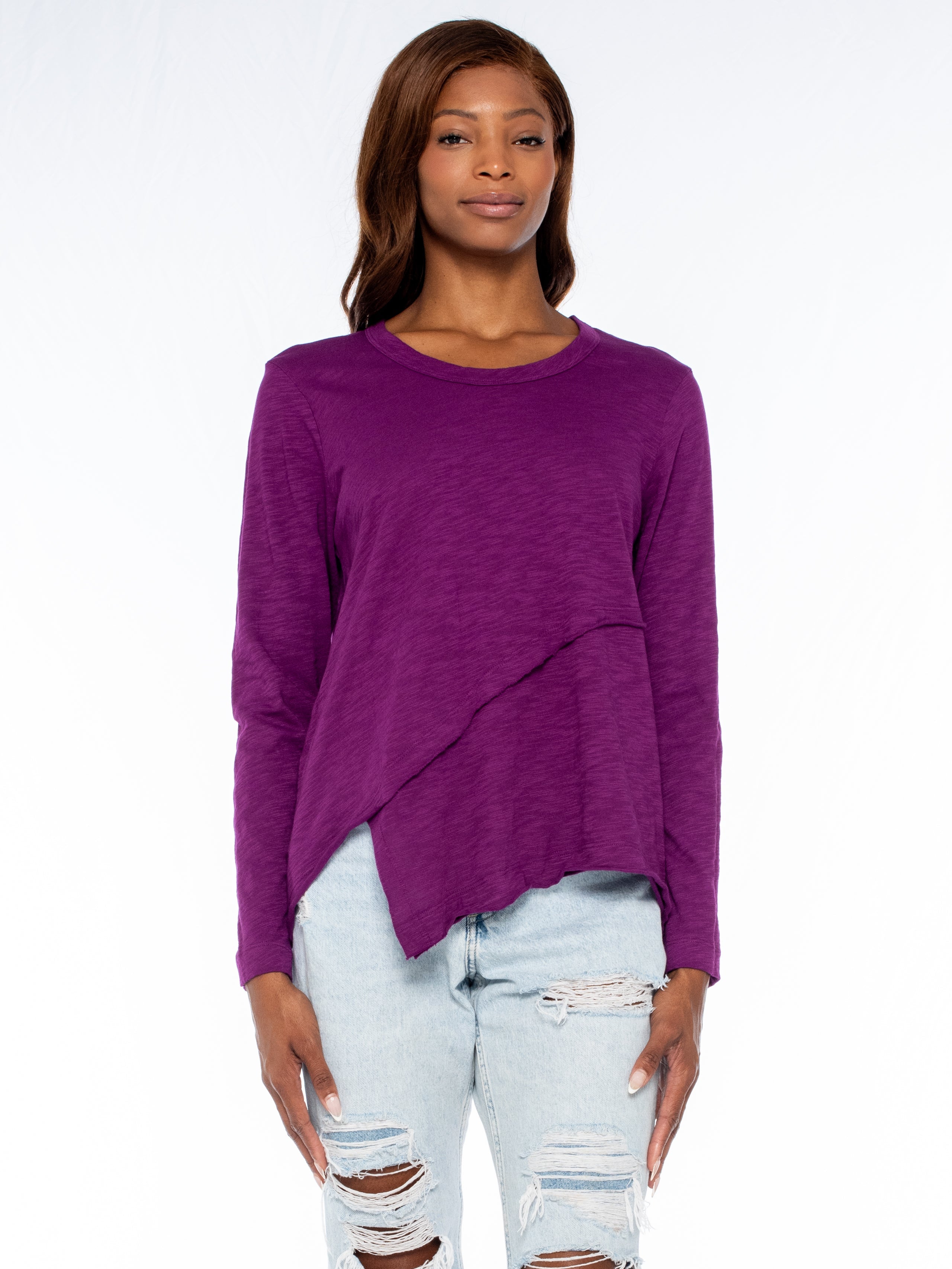 Crew Long Sleeve Easy Crossover Raw Hem Top