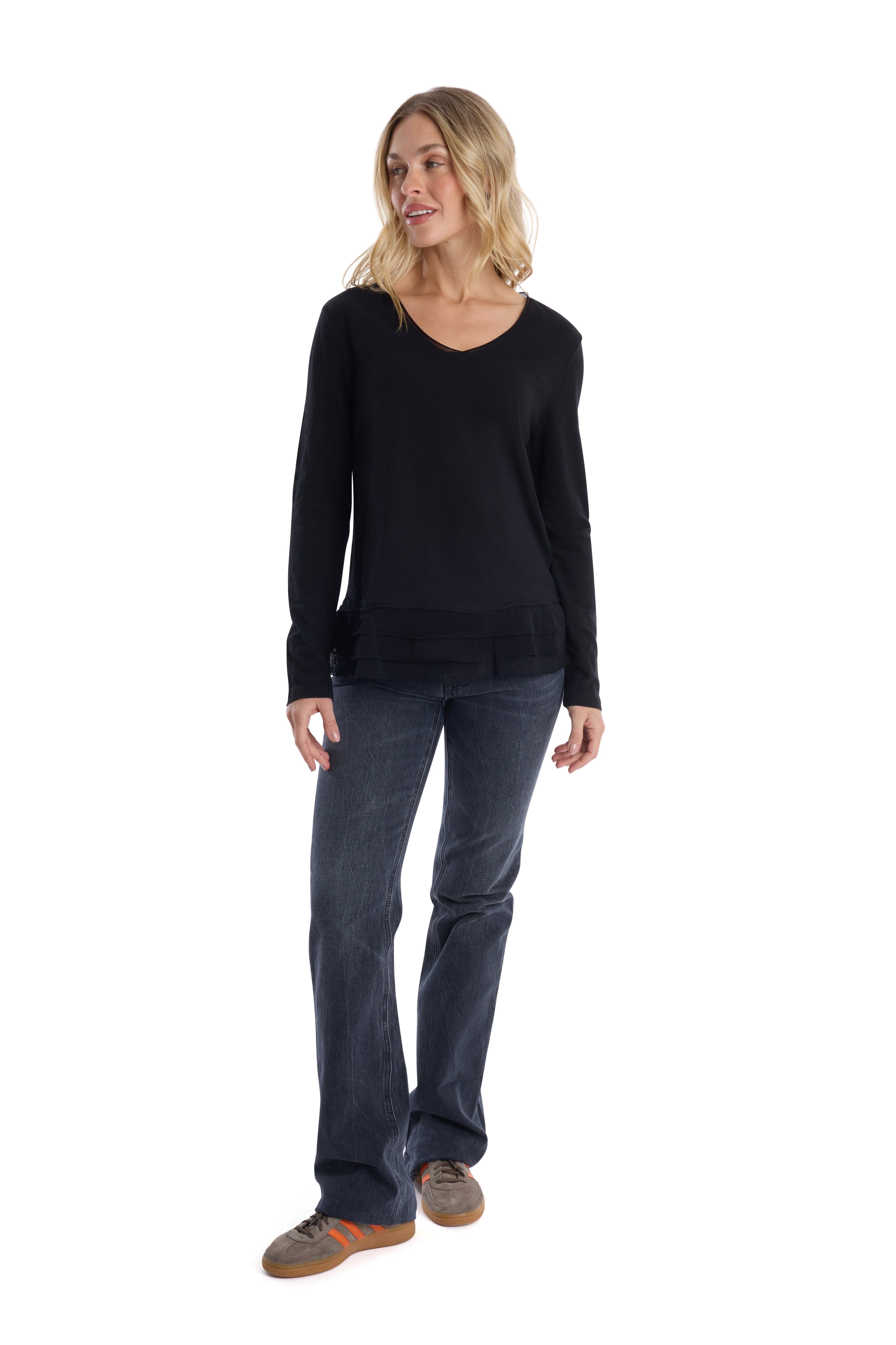 V-Neck Mixed Media Long Sleeve