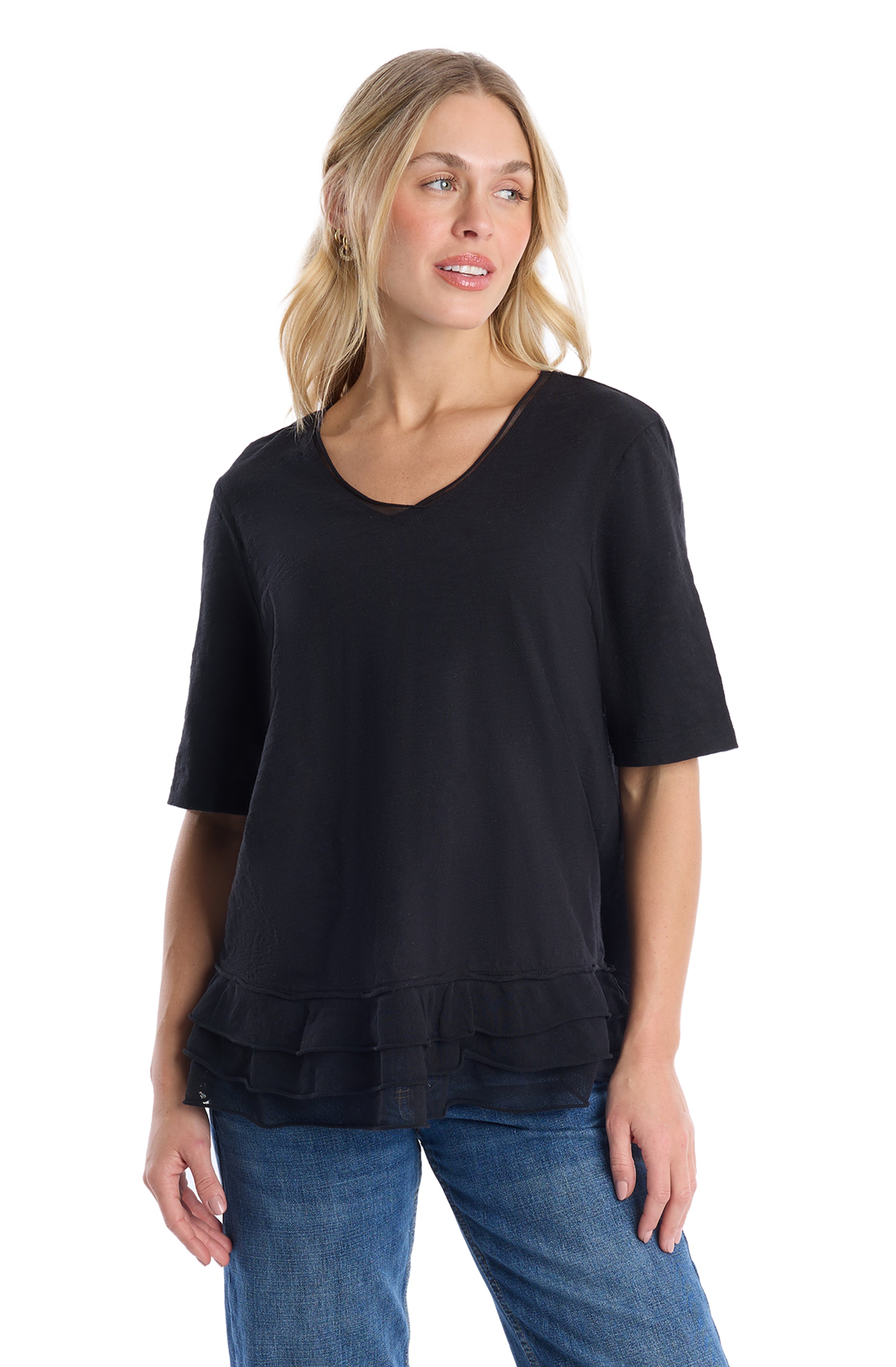 V-neck elbow sleeve mixed media