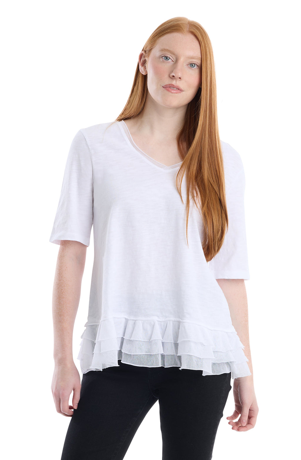 V-neck elbow sleeve mixed media
