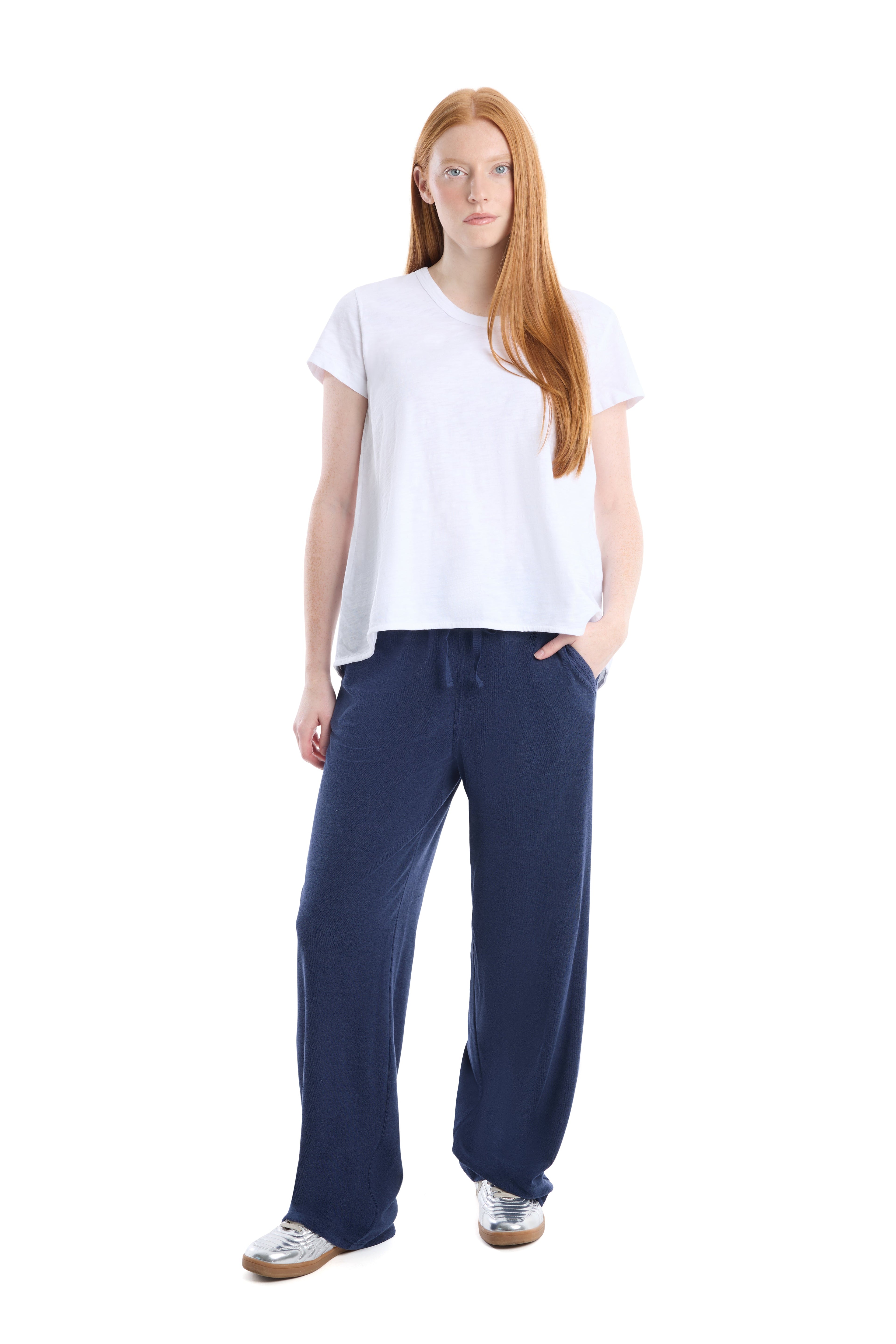 Wide leg pant with crochet trim