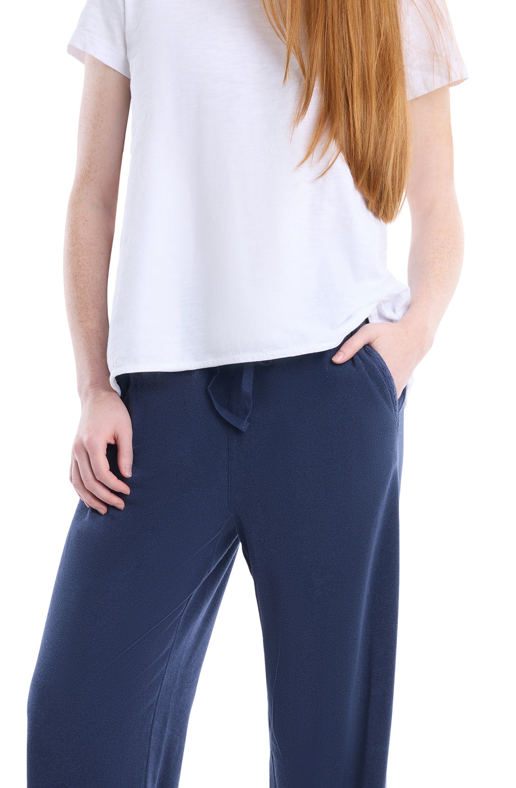 Wide leg pant with crochet trim